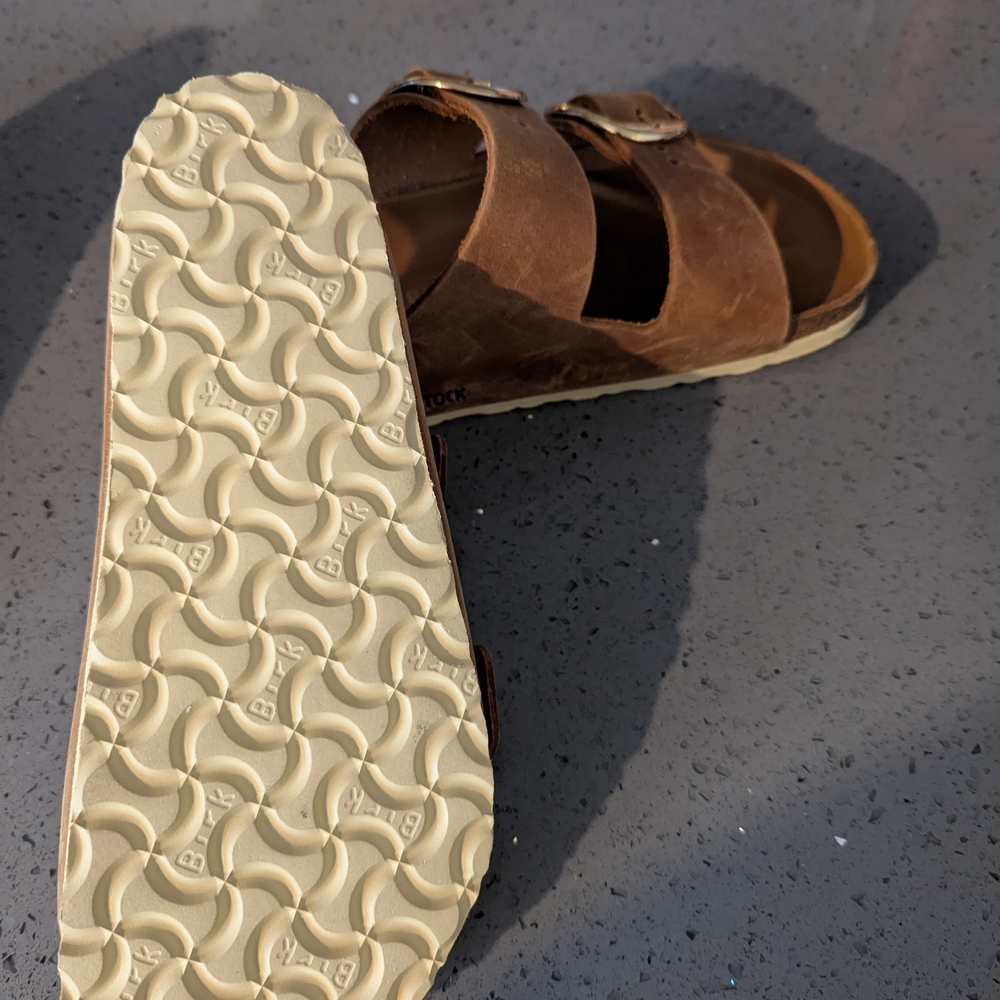 Brown Leather Sandals with Gold Buckles - Picture 4 of 6